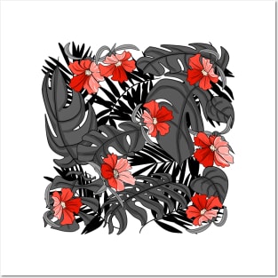 Tropical Wilderness Pattern Black and Red Posters and Art